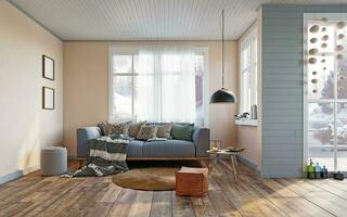 linda almohadas en cómodo sofá en escandinavo moderno vivo habitación foto
