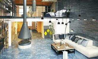 modern loft living room interior. photo