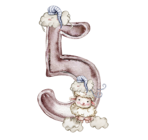 Watercolor hand drawn numbers and fluffy sheep composition. Illustration of a numbers. Perfect for scrapbooking, kids design, wedding invitation, posters, greetings cards, party decoration. png