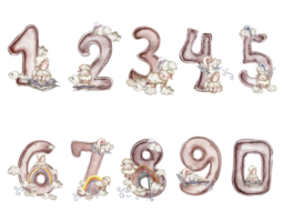 Watercolor hand drawn numbers and fluffy sheep composition. Illustration of a numbers. Perfect for scrapbooking, kids design, wedding invitation, posters, greetings cards, party decoration. png