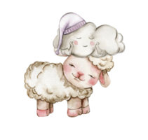 Watercolor cute white fluffy sheep and cute cloud on it's head. Illustration of farm baby animal. Perfect for wedding invitation,greetings card,poster, fabric patterns. png