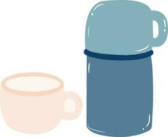 Drinking set contains mug and thermos for camping drawing vector