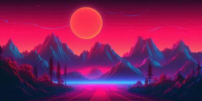 Aesthetic mountain synthwave retrowave wallpaper with a cool and vibrant neon design, photo