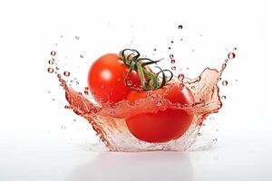 un tomate salpicaduras en un agua chapoteo en blanco fondo, ai generado foto