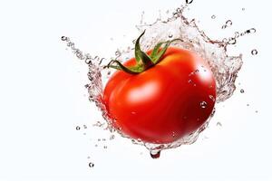 a tomato splashing in a water splash on white background, photo