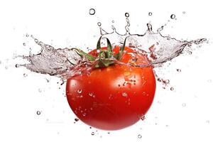 a tomato splashing in a water splash on white background, photo