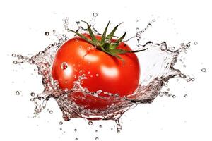 un tomate salpicaduras en un agua chapoteo en blanco fondo, ai generado foto