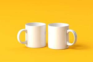 white mugs on yellow background for your designs mockup, photo