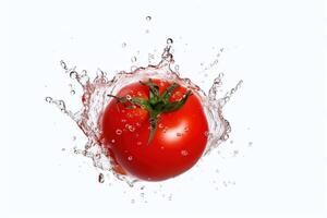 a tomato splashing in a water splash on white background, photo