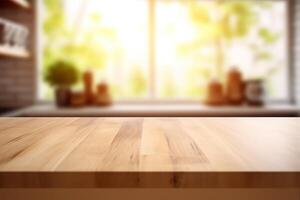 Empty wood table and blurry background of modern minimalist kitchen product display template, photo