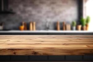 Empty wood table and blurry background of modern minimalist kitchen product display template, photo