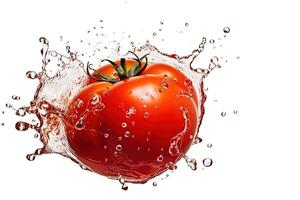 a tomato splashing in a water splash on white background, photo