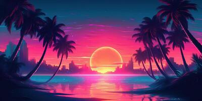 Aesthetic beach synthwave retrowave wallpaper with a cool and vibrant neon design, photo