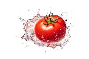 un tomate salpicaduras en un agua chapoteo en blanco fondo, ai generado foto