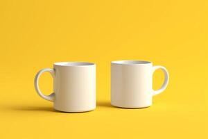 white mugs on yellow background for your designs mockup, photo