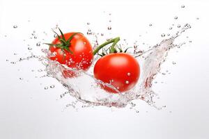 a tomato splashing in a water splash on white background, photo