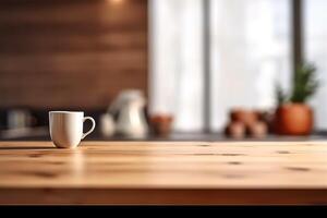 Empty wood table and blurry background of modern minimalist kitchen product display template, photo