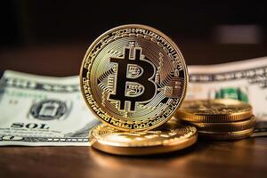bitcoins y dolares en un mesa, generado ai foto