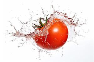 a tomato splashing in a water splash on white background, photo