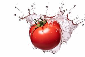 a tomato splashing in a water splash on white background, photo