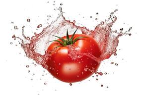 a tomato splashing in a water splash on white background, photo