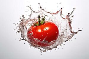 a tomato splashing in a water splash on white background, photo