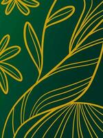 Abstract line art vector background. Botanical linear pattern. Green and gold colored backdrop. Floral design. Doodle outline trendy hand drawn print.