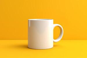 white mugs on yellow background for your designs mockup, photo