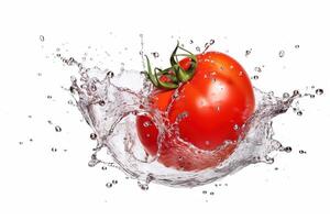 a tomato splashing in a water splash on white background, photo