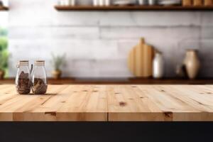 Empty wood table and blurry background of modern minimalist kitchen product display template, photo