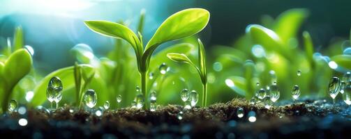 joven planta con soltar de agua en luz de sol, creciente planta crecer arriba, ai generado foto