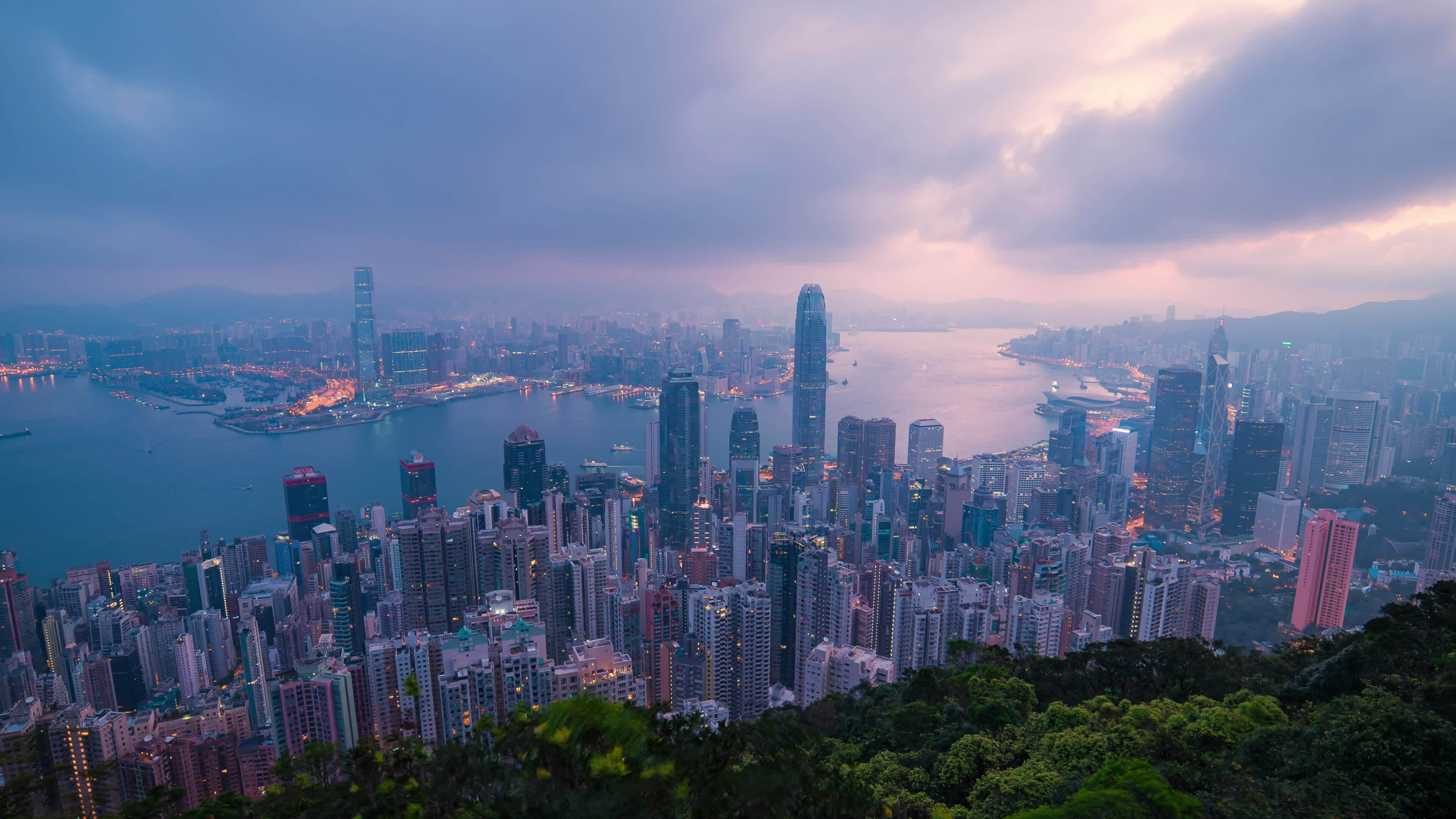4K Time lapse Morning Sunrise over Hong Kong city taken from Victoria