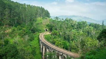 Zeit Ablauf 4k. neun Bögen Brücke, gesehen durch das Dschungel, Gardens und Bauernhöfe, von das Berg Neigung, gelegen im Schlucht, demodara, ella, sri lanka. video