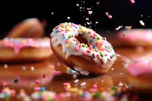 Colorful donuts falling and crashing, photo