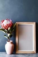 Empty white frame mockup with Scandinavian look, protea flowers in vase, photo