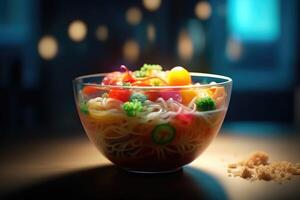 Instant noodles with veggies in bowl on dark background, photo