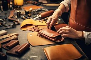 The process of making leather goods. The hands of the master work with a leather product. photo