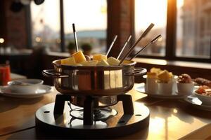 cheese fondue with fondue set, crouton of bread and many cheese, photo