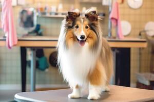 Cute dog at groomer salon, photo