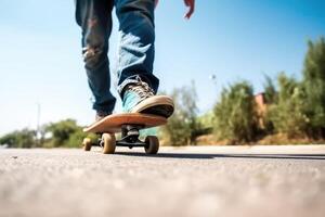 cerca arriba de irreconocible hombre montando un patineta a el ciudad calle, ai generado foto