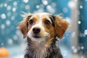 linda perro tomando bañera con jabón burbujas ai generado foto