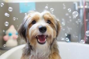 linda perro tomando bañera con jabón burbujas ai generado foto