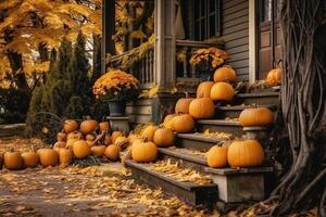 vistoso calabazas y flores en el escalera de casa, decoración para Víspera de Todos los Santos. ai generado foto