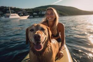 joven mujer y su perro utilizando supboard . ai generado foto