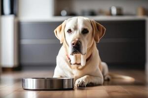 Hungry dog with sad eyes is waiting for feeding in home kitchen. photo