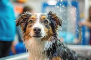 Cute dog taking bath with soap bubbles. photo