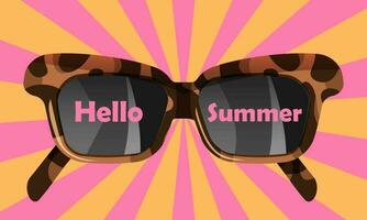 Banner with leopard sun glasses with text Hello, Summer. Vintage background with lines vector