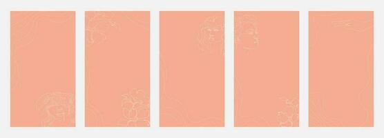 Social media story design templates. Abstract lines, woman faces and flowers on pink background vector