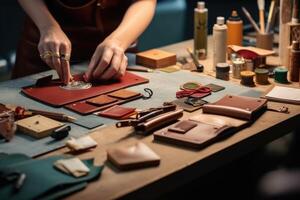 The process of making leather goods. The hands of the master work with a leather product. photo