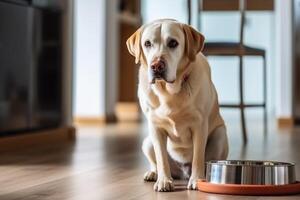 Hungry dog with sad eyes is waiting for feeding in home kitchen. photo